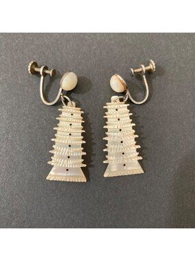 Vintage 1940s Screw Back Pagoda Earrings Made From Carved Mother-Of-Pearl